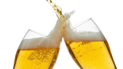 Two glasses of golden beer clinking in a celebratory toast, with a dynamic splash and foam, perfect for festive occasions. background removed