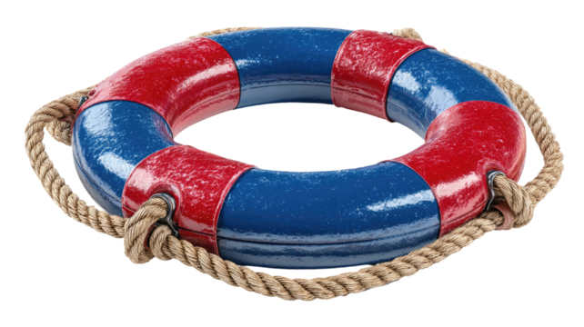 Red safety life buoy or lifebelt with a rope, a vital preserver and icon for rescue and assistance, isolated on a white background