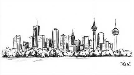 Obraz premium Tehran Skyline 2D Doodle Illustration Front View Black White Isolated Background