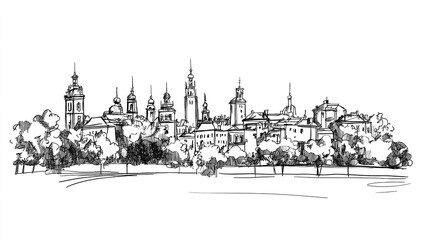 Obraz premium Vilnius Skyline 2D Doodle Illustration Front View Black White Isolated Background