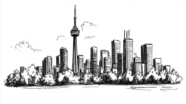 Toronto Skyline 2D Doodle Illustration Front View Black White Isolated Background