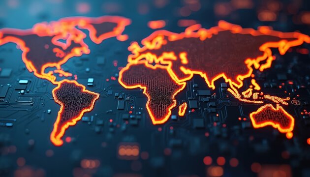 Digital world map glows red on circuit board. Illustrates global tech issues, interconnected geopolitical conflicts, economic challenges. Strained semiconductor supply chains highlighted. Data flows