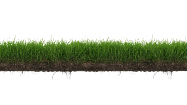A vibrant green grass strip with exposed rich brown soil and intricate roots, perfect as a transparent design element. background removed