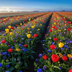Colorful flower field under bright sunlight