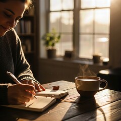 Cozy journaling moment with warm light