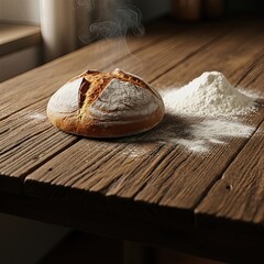 Freshly baked rustic bread on wooden table