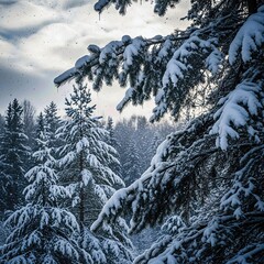 Soft snowfall on pine branches