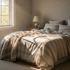 Sunlit cozy bedroom with neutral bedding