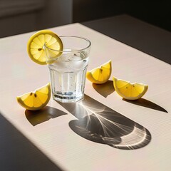 Sunlit minimal still life with lemon water