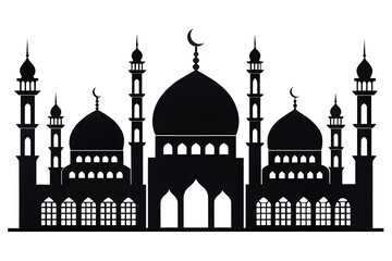 Silhouette of a mosque with minarets and crescent moon against white background