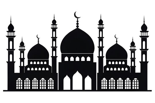 Silhouette of a mosque with minarets and crescent moon against white background - Powered by Adobe