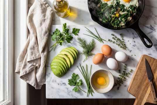 Breakfast ingredients and cooked meal on marble counter, cast iron skillet with spinach and fried eggs, sliced avocado, fresh herbs, raw eggs, olive oil bottle, wooden cutting board - Powered by Adobe