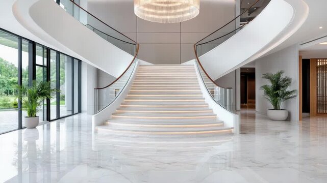 Grand marble foyer and lobby with sweeping illuminated double staircase, chandelier and modern