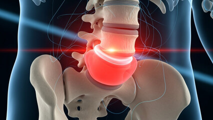 Anatomical illustration of the lower spine showing inflammation and possible disc herniation or spinal injury