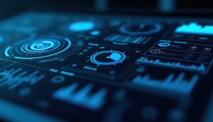 High-Tech Display Arrangement Featuring Bright Blue Structural Squares