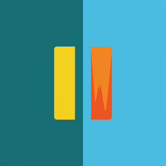 Abstract graphic icon representing a pause or stop function, featuring two vibrant vertical bars in yellow and orange, set against a dynamically split dual-tone background of teal and light blue