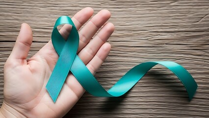 Human hand gently holds a teal awareness ribbon, representing support for diseases such as ovarian cancer, cervical cancer, and ptsd, against wood.