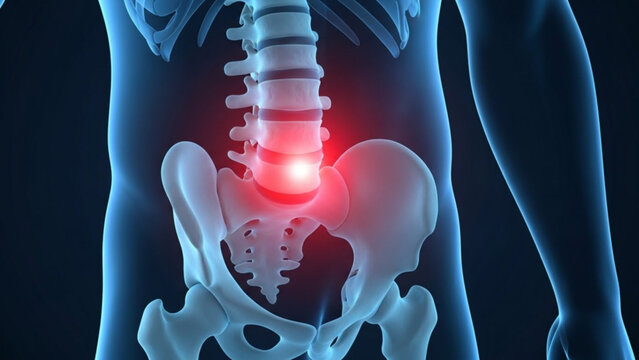 Anatomical illustration showing the lower back spine and pelvis with a red glow indicating pain