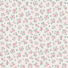Beautiful floral pattern in small flowers. Small pastel pink, coral and red flowers. Ecru background. Ditsy print. Floral seamless background. Liberty template for fashion prints. Stock flowers art © ann_and_pen