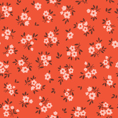 Cute floral pattern in small flowers. Small coral pink hand drawn daisy flowers. Orange red background. Ditsy print. Floral seamless background. Liberty template with flowers for fashion prints.   © ann_and_pen