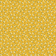 Fototapeta premium Cute floral pattern in small decorative daisy flowers. Small white flowers. Yellow mustard background. Ditsy print. Floral seamless background baby pattern in small cute abstract flowers. Stock print