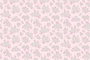 Cute floral pattern in small flowers. Small white hand drawn daisy chamomile flowers. Light pink background. Ditsy print. Floral seamless background. Liberty template with flowers for fashion prints. 