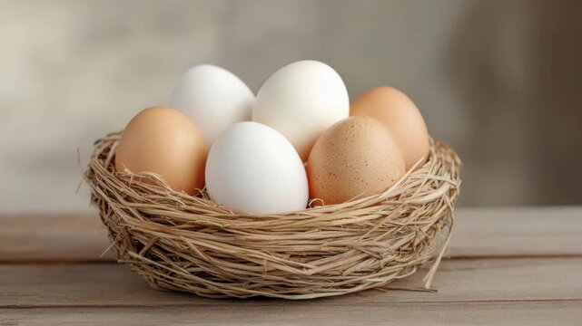 Fresh white egg and brown egg woven nest on straw rustic wooden table natural light farm