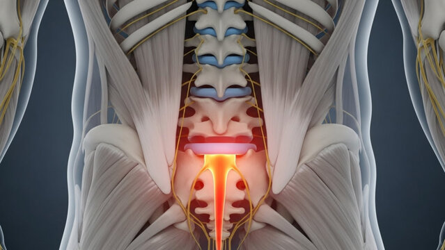 Anatomical illustration of the lower back showing the spine, muscles, nerves and highlighted pain area