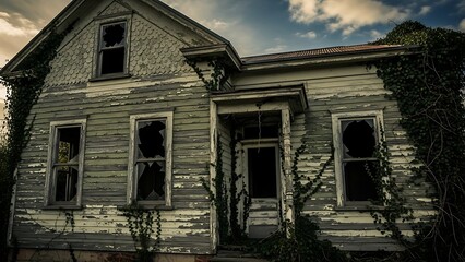 A weathered house with broken windows and peeling paint covered in vines under a cloudy sky view