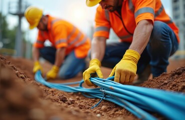 Workers in hard hats install blue fiber optic cables underground. They wear orange vests and yellow gloves for safety. Construction site work improves city internet.
