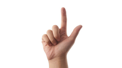 A human hand with the index finger pointing upwards and thumb extended, forming an 'L' shape. A common hand gesture, isolated on green. background removed