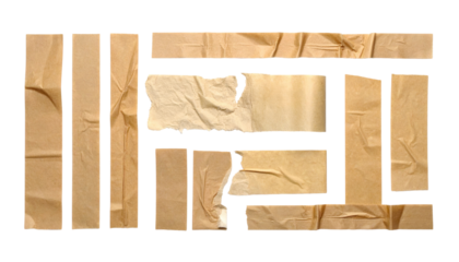 Collection of Crumpled and Torn Beige Paper Snippets and Textures on Transparent Background