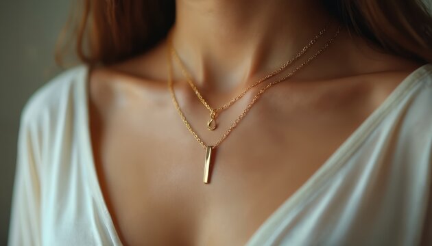 Woman wears layered gold necklaces. One chain holds a small charm, another has a slim vertical bar pendant. Delicate jewelry adorns her neck, complementing her outfit. This is elegant neckwear.