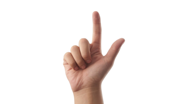 A human hand with the index finger pointing upwards and thumb extended, forming an 'L' shape. A common hand gesture, isolated on green. background removed