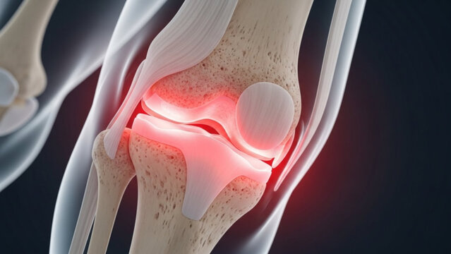 Anatomical knee joint illustration showing bones ligaments and tendons with red inflammation highlight area