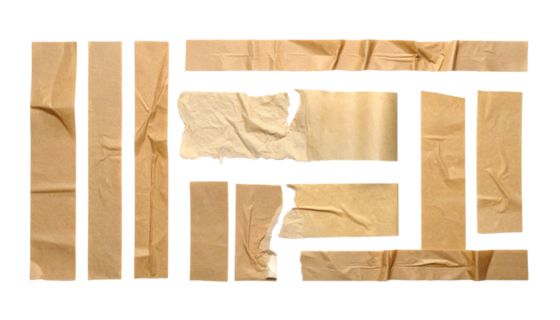 Collection of Crumpled and Torn Beige Paper Snippets and Textures on Transparent Background