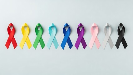 A vibrant row of colorful awareness ribbons for various health and social causes, symbolizing global support, solidarity, and hope on a light background.