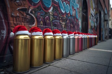 Row of metallic spray paint cans wearing Santa hats along an urban graffiti wall. Playful Christmas street art concept in gritty city alley.