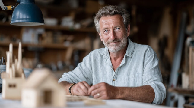 Mature caucasian male crafting wooden models in workshop