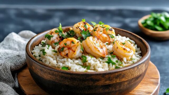 Grilled shrimp over garlic rice with parsley garnish in warm grilled seafood bowl