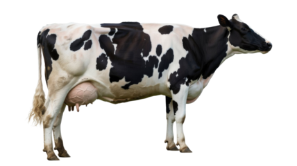 Side profile of a black and white Holstein dairy cow with a prominent udder, perfectly isolated on a solid transparent background. background removed
