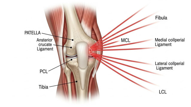 Illustration of the anatomy of the human knee joint showing ligaments, bones, and muscle structure