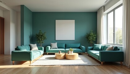 Fototapeta premium Modern living room interior design. Teal walls, matching sofas create cozy space. Natural light streams through large window. Wooden floor, white rug, plants add to comfortable home decor. Blank art
