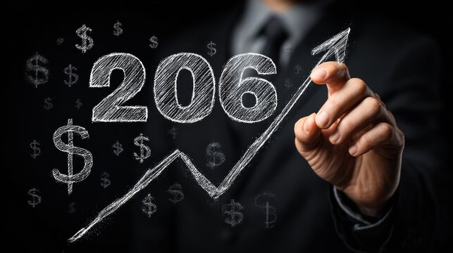 Businessman drawing an upward trend graph with 206 and dollar signs.