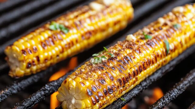 Grilled corn on cob with charred corn, herb butter savory summer food barbecue