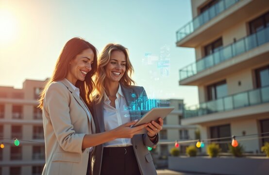 Two businesswomen use digital tablet outdoors. Smiling women work with futuristic interface. Colleagues analyze graphs, data on modern device, communicate in business suits at urban background during