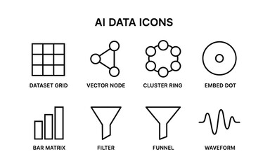 Minimalist ai data icon set featuring grid, node, cluster ring, and more in linear style