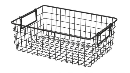 A black wire basket with handles sits on a white background in a studio shot for product display