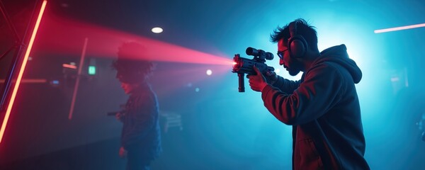 Man aims laser gun in dark room with neon lights. Person wears headphones, focuses on target. Another player stands in background, ready for action. People engage in exciting laser tag game.