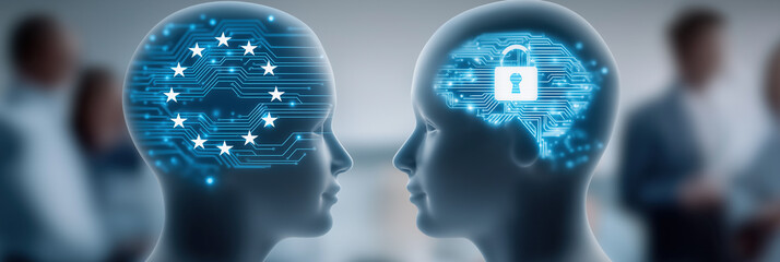 Transparent heads display EU stars and digital lock representing data security.
